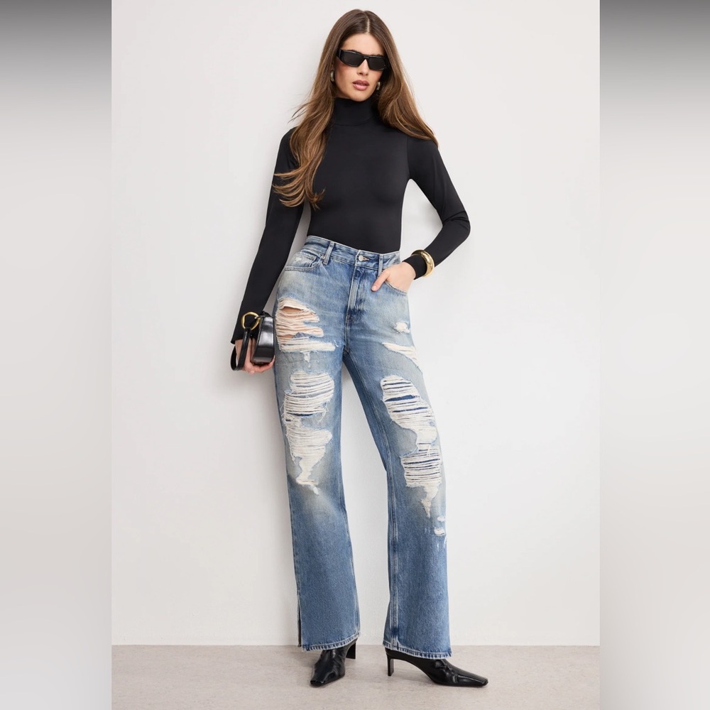 Good American Distressed Light Blue Straight Leg Jeans